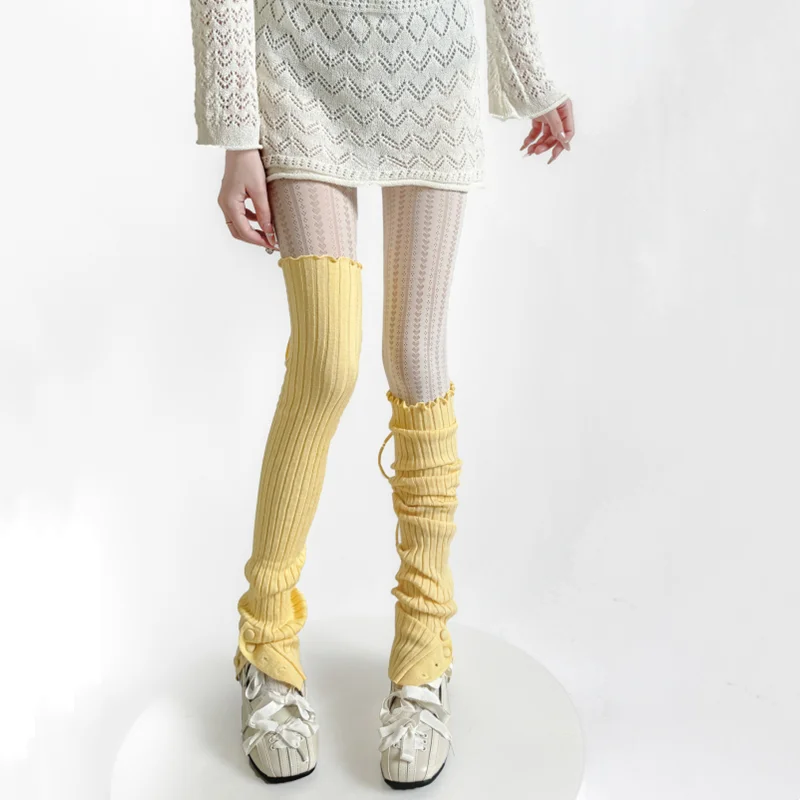 Straps Leg Warmers Women Knitted Leg Cover Lolita Ruffle Socks Stockings Y2k Button Foot Cover Girls Leg Warmers Knee High Socks