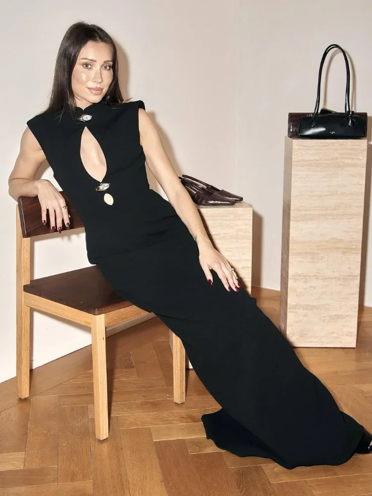 우아한 여성용 블랙 민소매 맥시 드레스 만다린 칼라 컷아웃 슬림핏 가운 여성 이브닝 파티 드레스 2026 봄 신상 트렌디