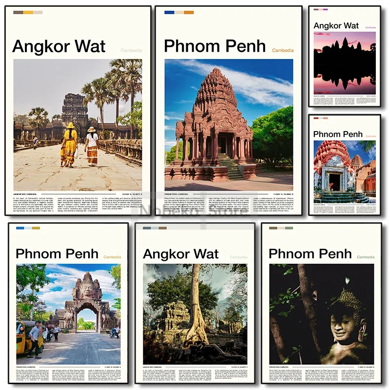 Asia Cambodia Travel Posters Phnom Penh Angkor Wat Siem Reap City Landscape Prints Canvas Wall Art Home Room Modern Decoration