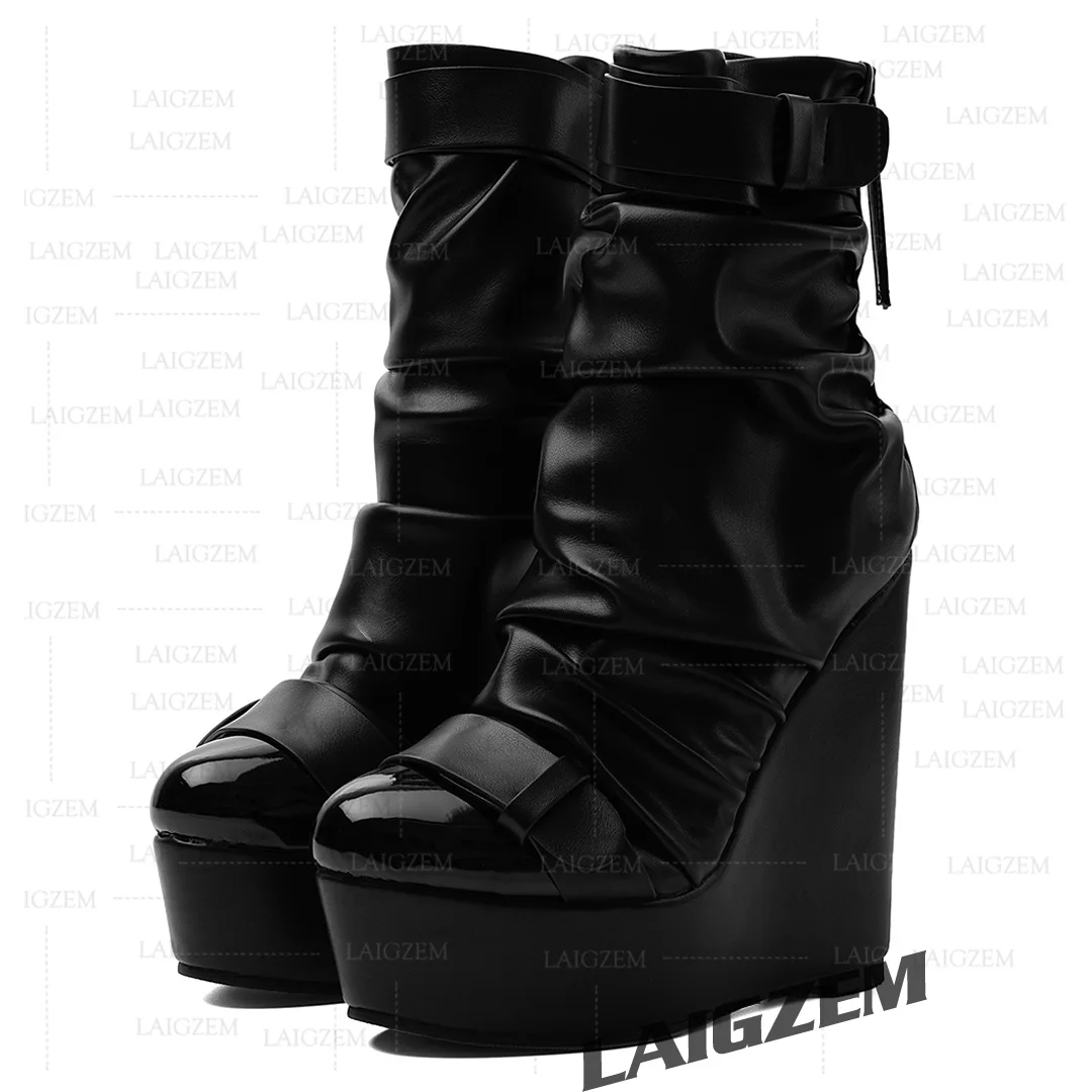 LAIGZEM Women Ankle Boots Wedges Back Zip Round Toe Patchwork Pleated Handmade Short Boots Ladies Shoes Woman Big Size 41 44 52