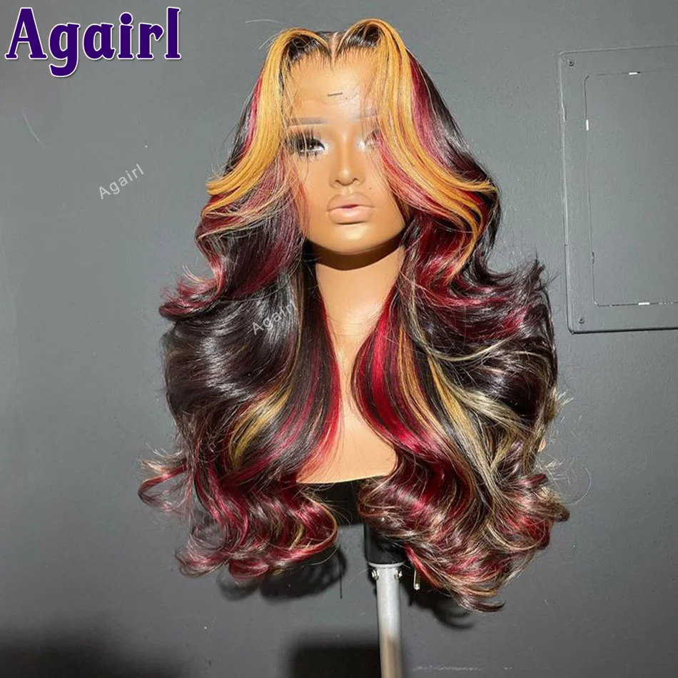 Wig penutup renda 6X4 berwarna pirang merah highlights sudah ditanami Wig rambut manusia untuk wanita 200% gelombang tubuh renda Wig Frontal