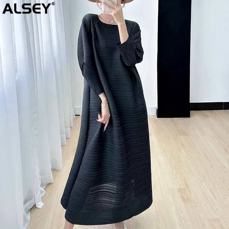 ALSEY Miyake-vestido plisado de manga larga para mujer, elegante vestido de fiesta, moda coreana, Simple, talla grande, primavera y verano, 2024