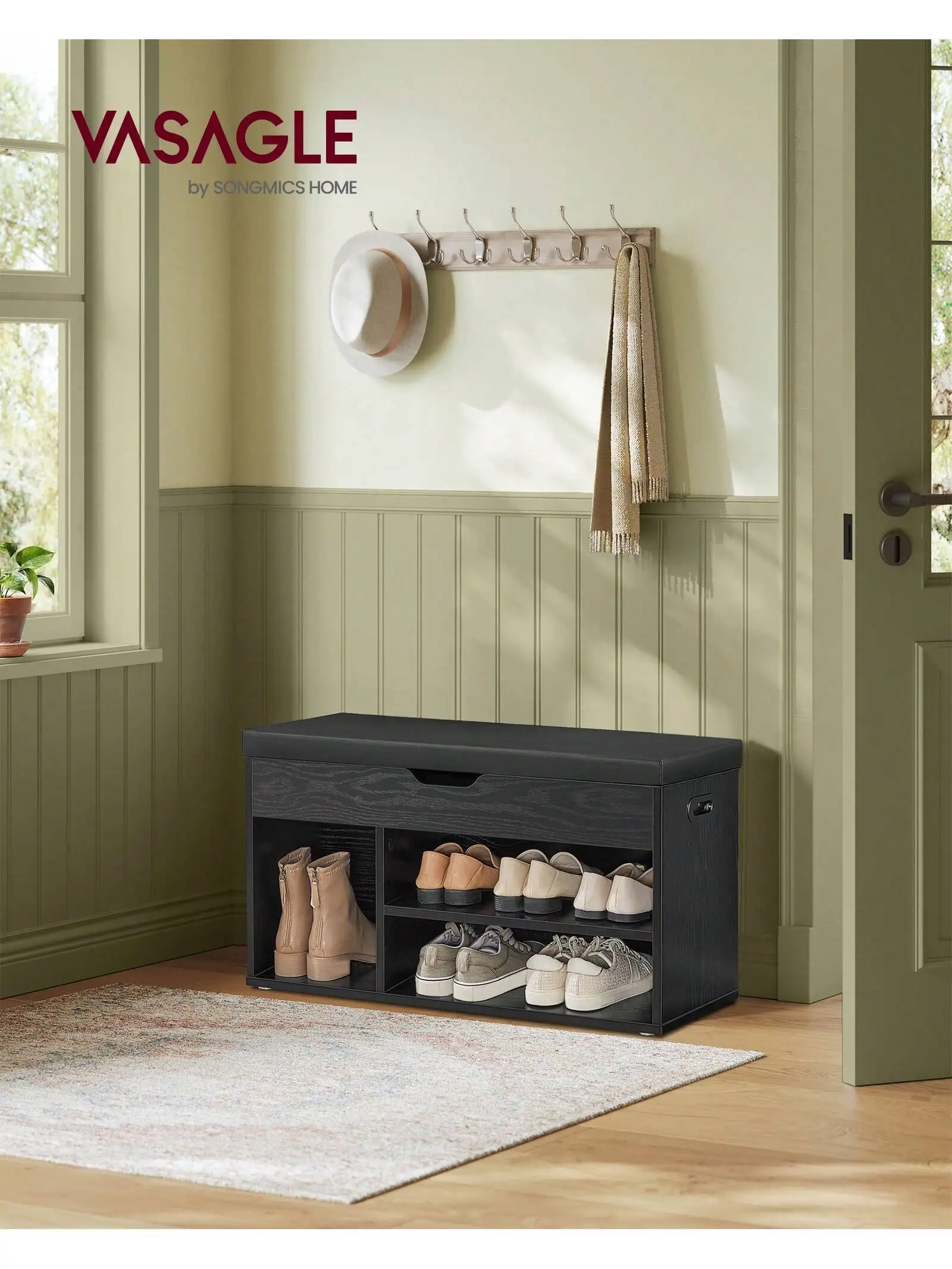 Panca per scarpe VASAGLE: cuscino, 3 scomparti, archiviazione nascosta. Per soggiorno/corridoio/camera da letto. Supporta 150 kg. Ebano nero.