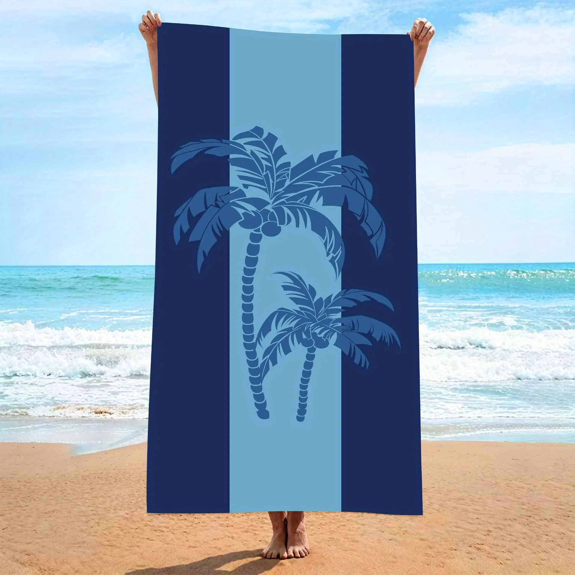 Beach Towel Blue Striped Palm Tree Print Pattern Sun Protection Windproof Suitable for Pool Camping Travel Blanket