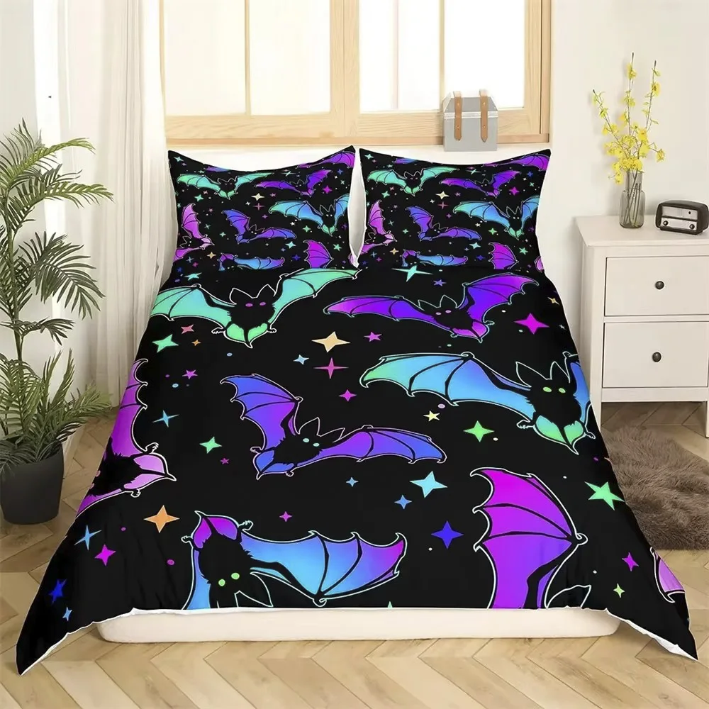 Halloween Bat King Queen Duvet Cover Cartoon Black Nocturnal Animals Bedding Set for Kids Horror 23pcs Polyester Quilt Cover