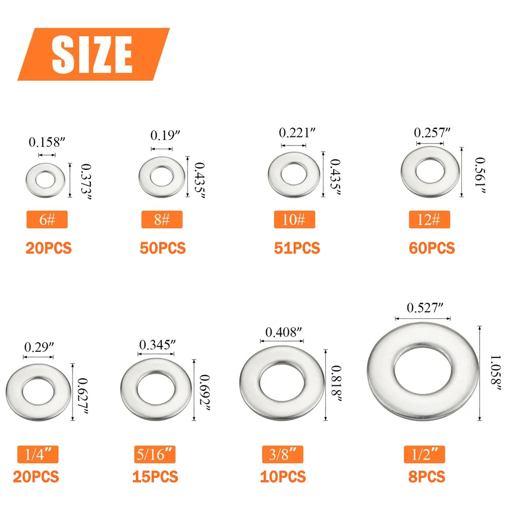 254pcs Stainless Steel Flat Washers, 304 Stainless Steel Washers,Fender Washers,Metal Washers Kit,1/2 3/8 5/16 1/4 12# 10# 8# 6#