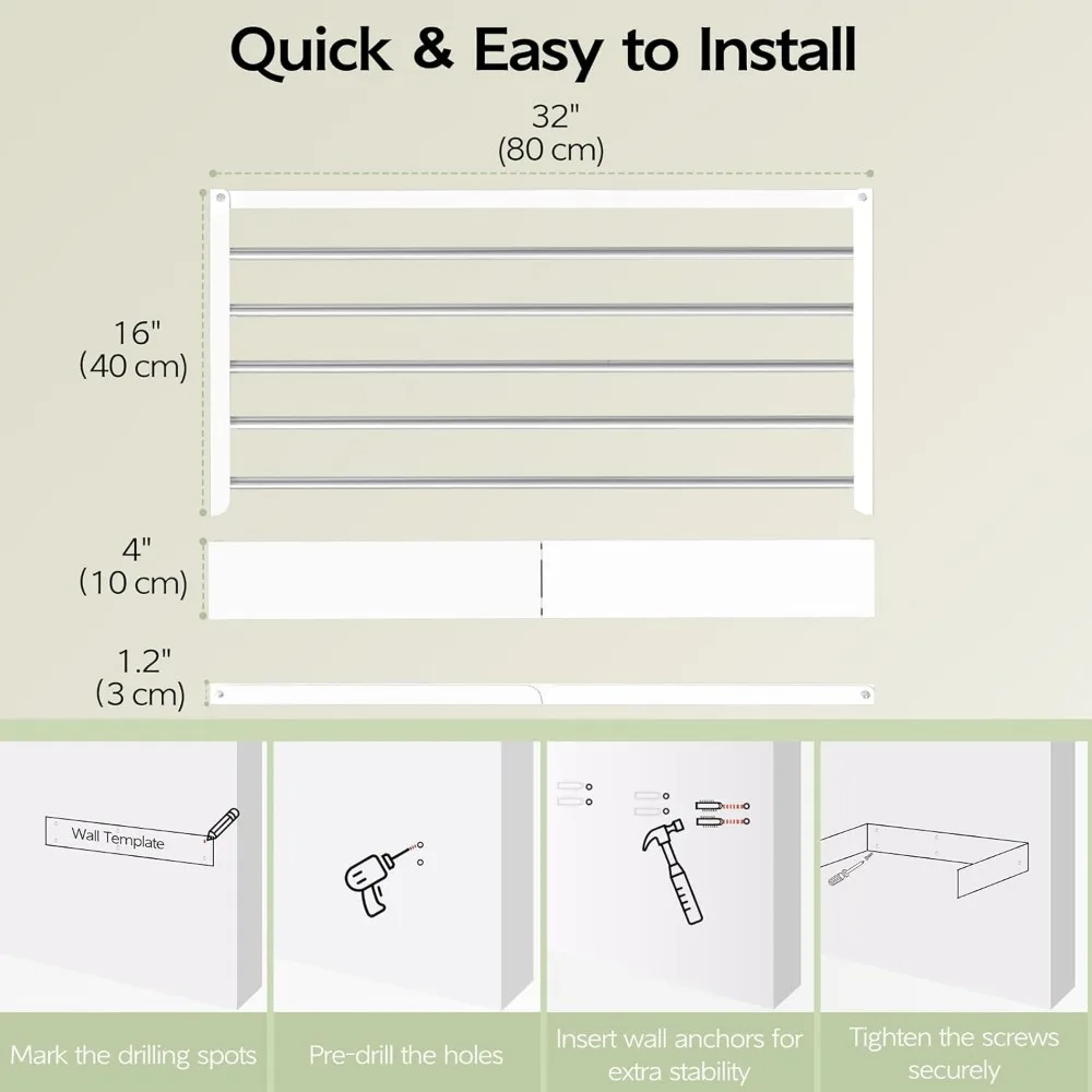 Foldable Wall Mount Clothes Drying Rack, 32 Inch, 5 Rods, White - Space Saving Indoor Laundry Solution