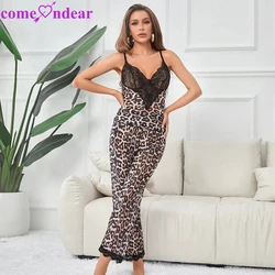 Comeondear Soft Luxury Lace Pajamas Lingerie Women Sexy Leopard Nightwear Plus Size Top And Pants Transparent 2 Pcs Nighties Set