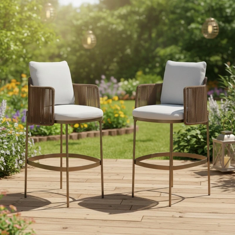 Metal Frame Rattan Bar Stool Suitable for Outdoor Beach Garden High Chair Furniture