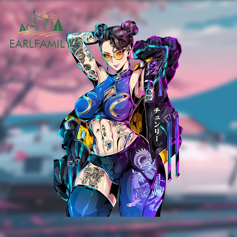 EARLFAMILY Street Punk Chun-Li Fanart Car Sticker Arcade Game Sketch Waifu Decal JDM Cartoon Peek Girl Graffiti Car Stickers view 2