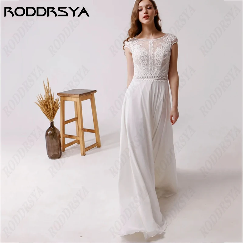 فساتين زفاف من RODDRSYA Boho رومانسية بياقة سكوب بدون ظهر من Vestidos Novia بأكمام بسيطة على شكل حرف a فساتين زفاف لحفلات العروس  رومانسية بياقة سكوب بدون ظهر من Vestidos Novia بأكمام بسيطة على شكل حرف a فساتين زفاف لح