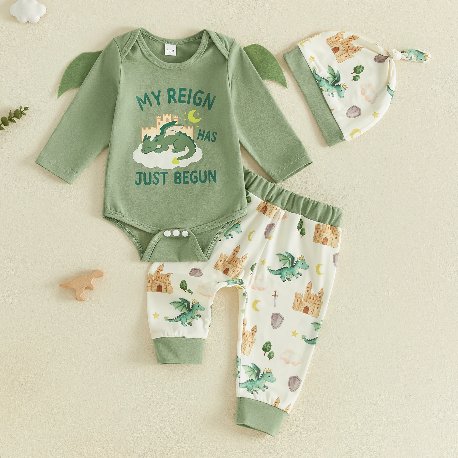 Infant Boy Autumn Outfit Crew Neck Long Sleeve Dinosaur Print Romper Pants and Hat Cute Baby Clothing Set