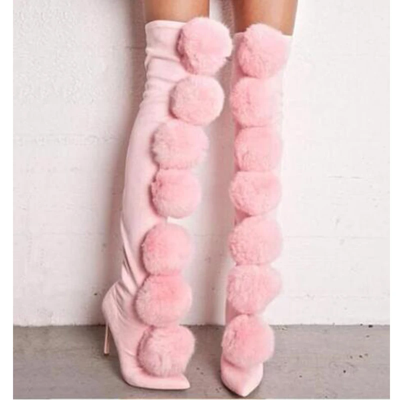 Sweet Pink Furry Stiletto Thigh-High Boots Woman Winter 2024 Black Pointed Toe High Heel Pull On Boots Tight Stretch Boots