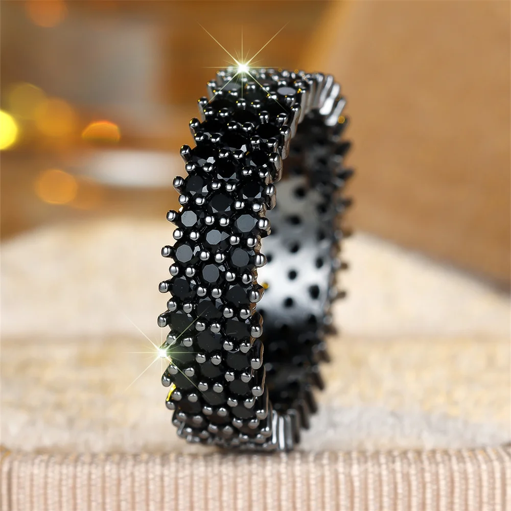 Three Row Tiny Round Stone Black Zircon Rings For Women Vintage Black Metal Engagement Ring Wedding Jewelry Bridal Birthday Gift