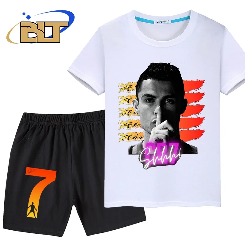 Ronaldo head print abbigliamento estivo per bambini t-shirt per bambini set pantaloncini a maniche corte in puro cotone set da 2 pezzi regali per