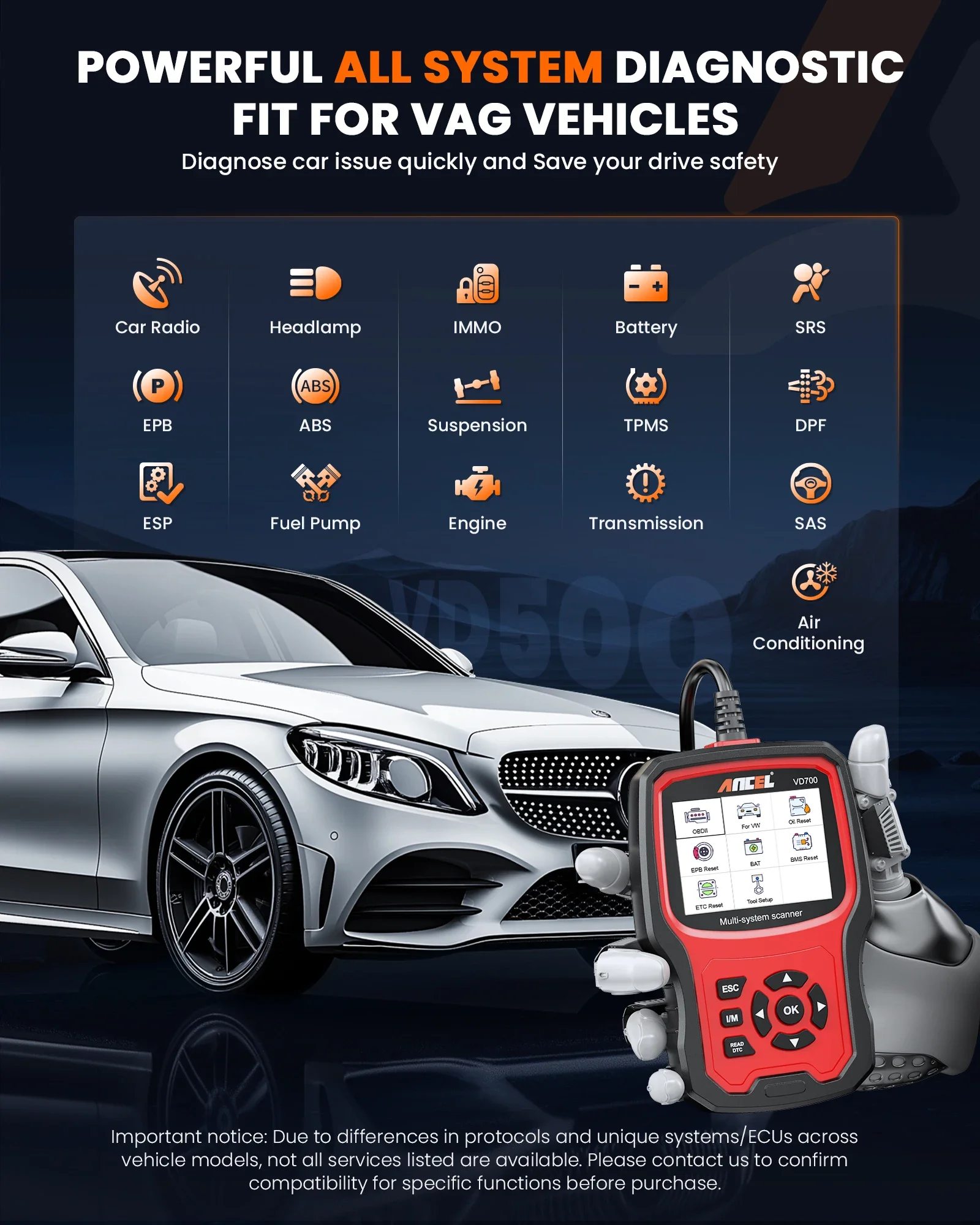 Ancel VD700 OBD2 Scanner Car Code Reader Full System Diagnostic Scan Tools EPB ABS D.PF TPMS Oil Reset for VW Audi Skoda Seat