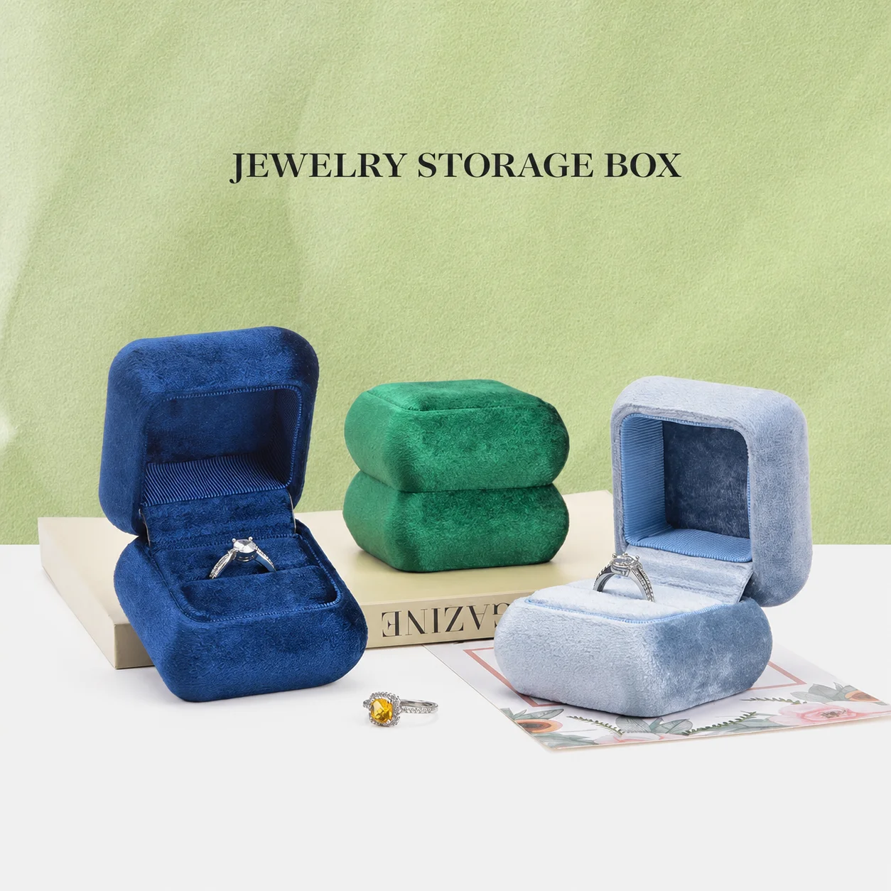 Premium Velvet Rounded Square Ring Box Jewelry Gift Soft Single Jewelry Storage Case For Engagement Wedding Anniversary