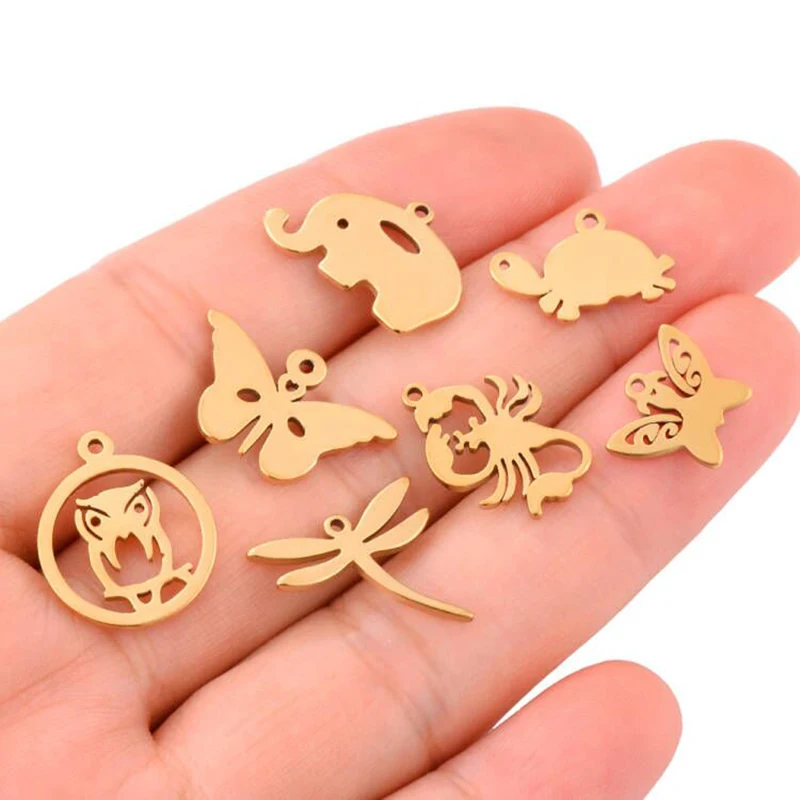 6pcs/lot Animal DIY Charms Wholesale Stainless Steel Owl Pendant Butterfly Dragonfly Scorpion Elephant Turtle Charm DIY Jewelry