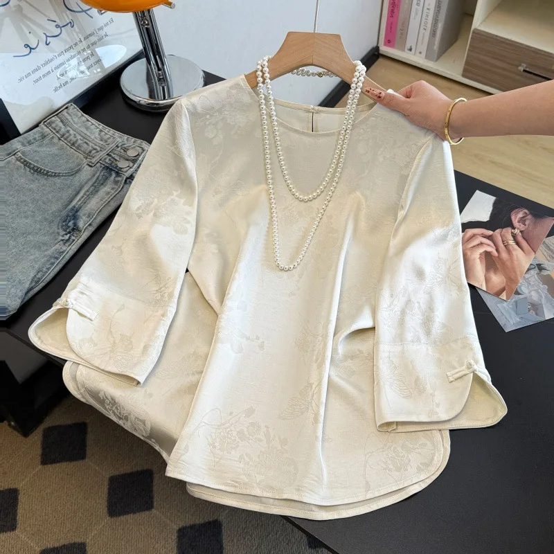 東洋風婦人服-白いコート-サテンジャカード-長袖-中国風ジャケット-丸襟-エスニック-ラウンドカラーブラウス