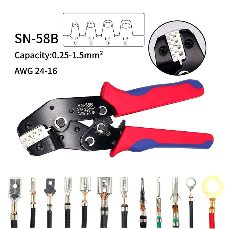 

SN-58B Ratchet Crimping Plier Crimper Tool 0.25-1.5mm² AWG24-16for Dupont,TE,JST,Molex Terminal Wire Electrical Pliers