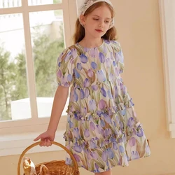 Girls French Dress Spring/Summer New Middle and Big Children's Vintage Children's Fragmented Skirt 100% Cotton Casual Wear