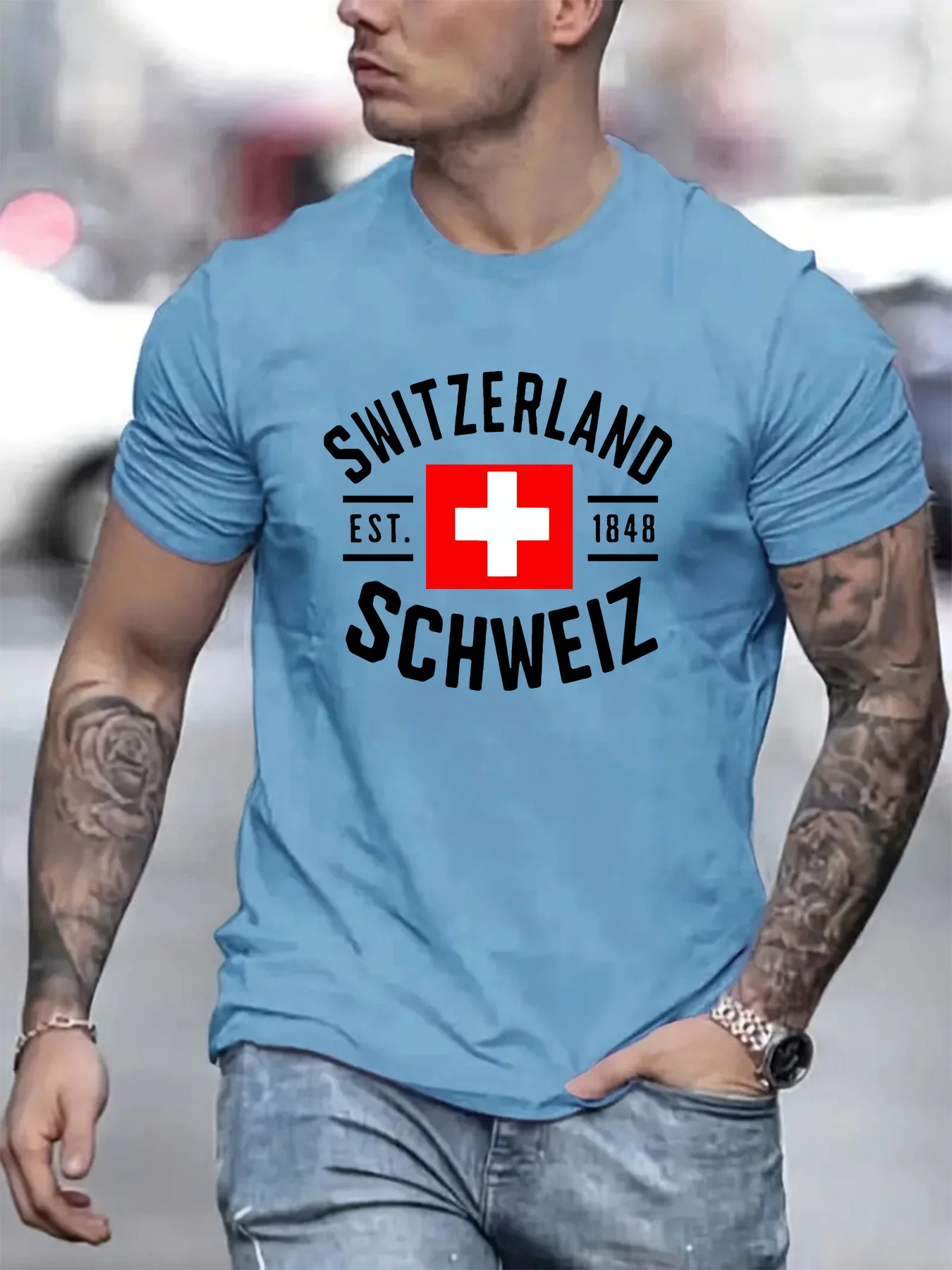 Men's Summer 100% Cotton Fashion Casual Sports Loose Swiss Flag 1848 Pattern Printed Sports Round Neck Short Sleeve T-shirt Top