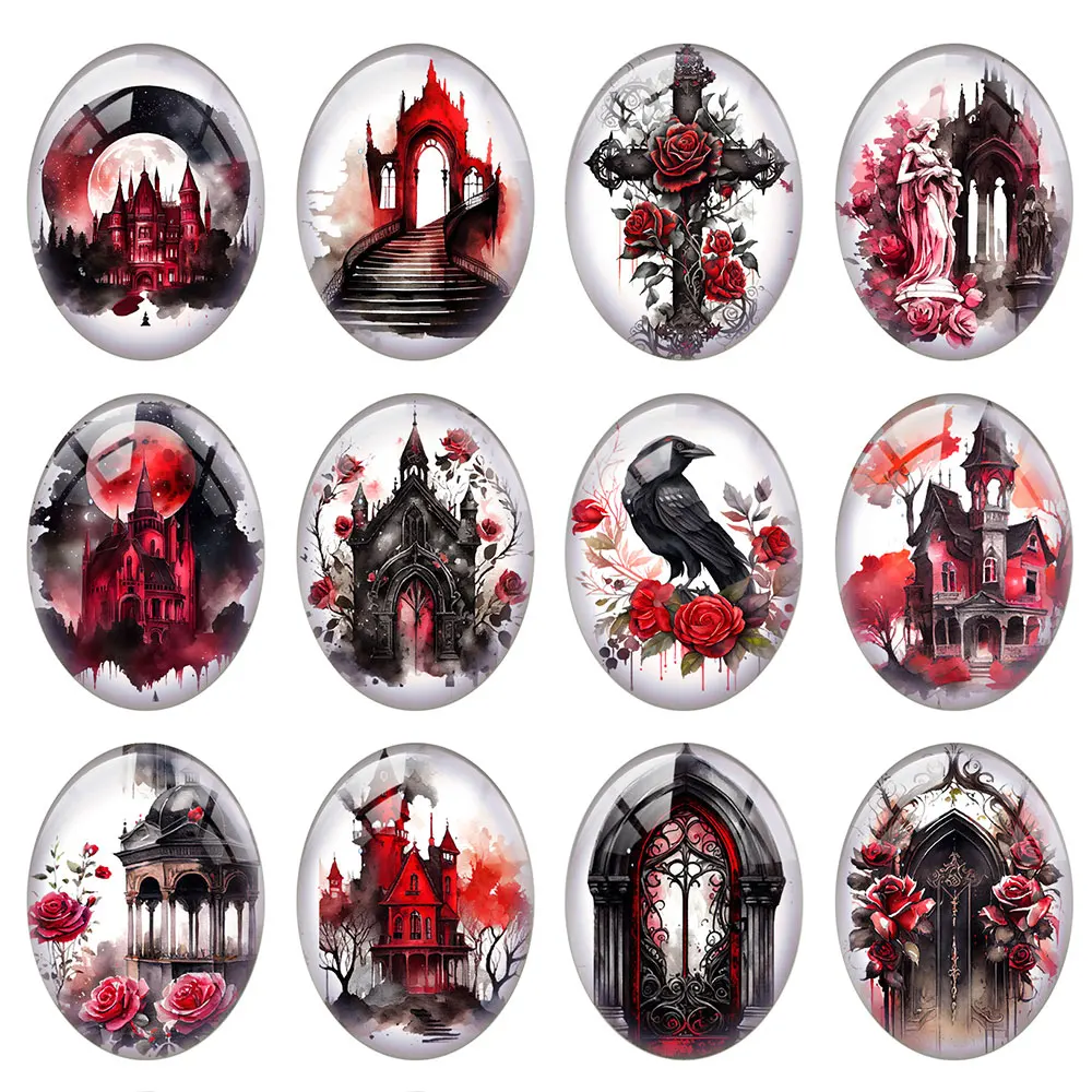 10pcs/lot Halloween Gothic Red Black Dark Flower Castle Raven Oval Photo Glass Cabochon Flatback Demo Cameo Diy Jewelry Making