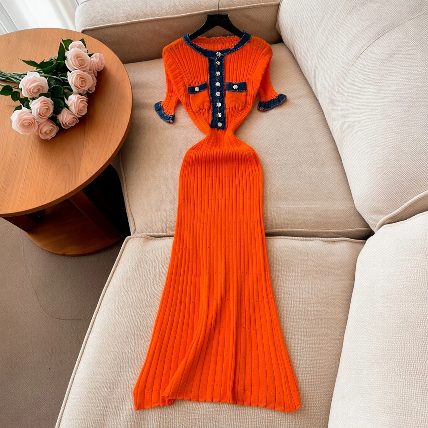 YuooMuoo Damenkleid Markenmode Patchwork Einteiliges Gestricktes Bodycon Maxikleid Frühling Sommer Stil Damen Party Vestidos Outfit