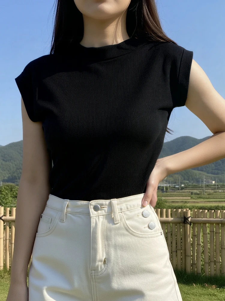 2026 Frühling Sommer Basic Elastisches Slim Fit Geripptes T-Shirt Koreanischer Stil Einfarbiges Rollkragen-T-Shirt Damen Elastische Kurzarm-Tops Y2K Kleidung