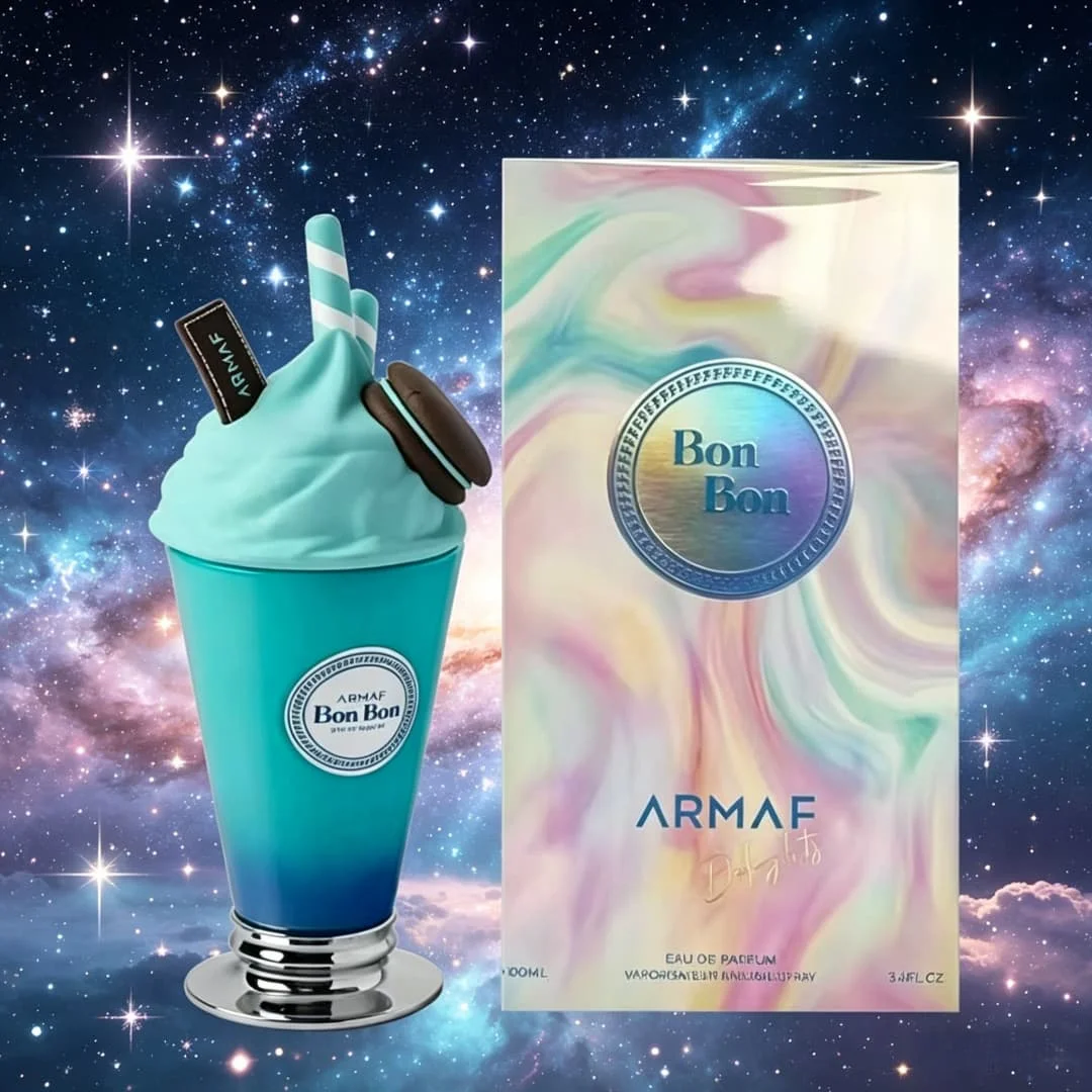 

Armaf Bon Bon EDP | Sundae cup bottle with macaron topper, bright gourmand notes, playful vibe