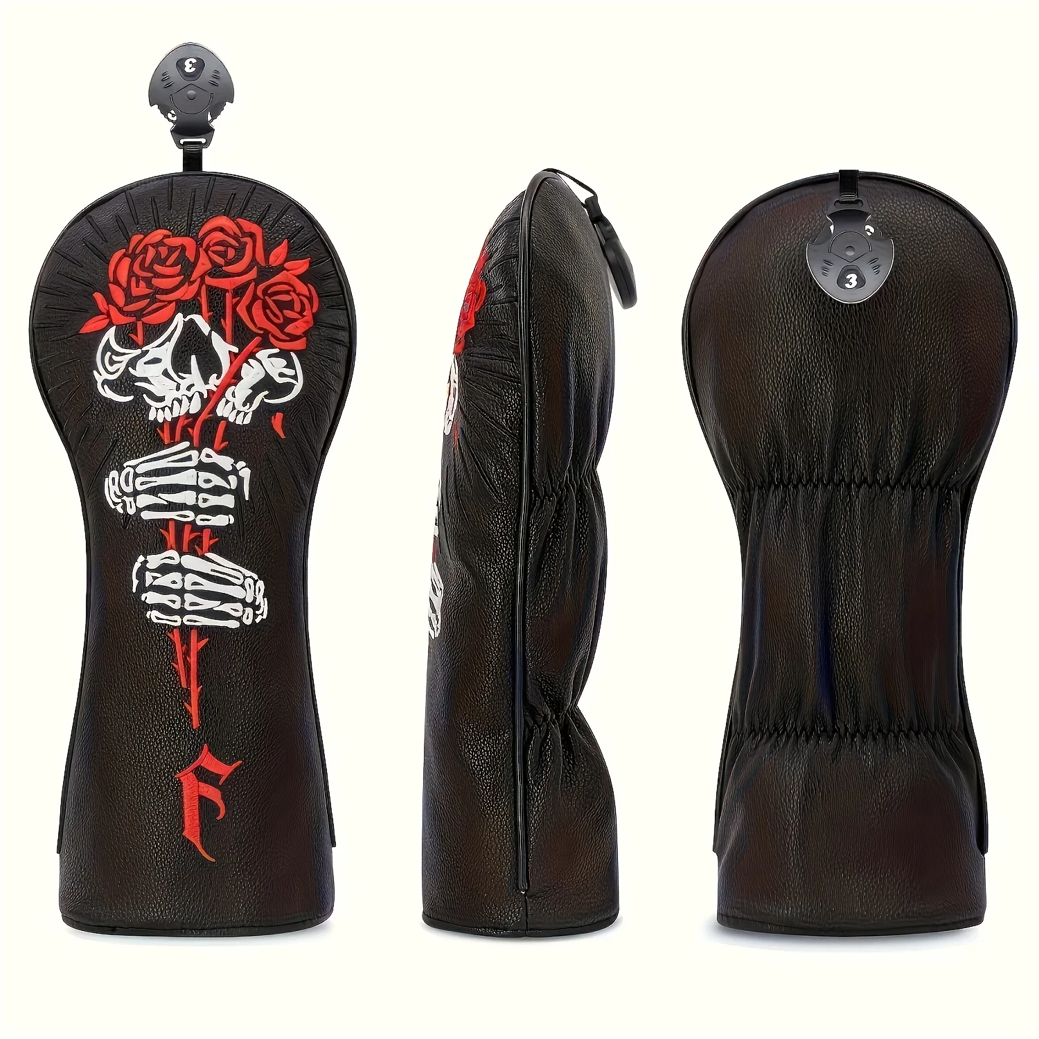 1pc/4pcs Skull And Rose Pattern Golf Headcovers, PU Material with Soft Inner Lining, Club Protector for Driver, Fairway, Hybrid image 3