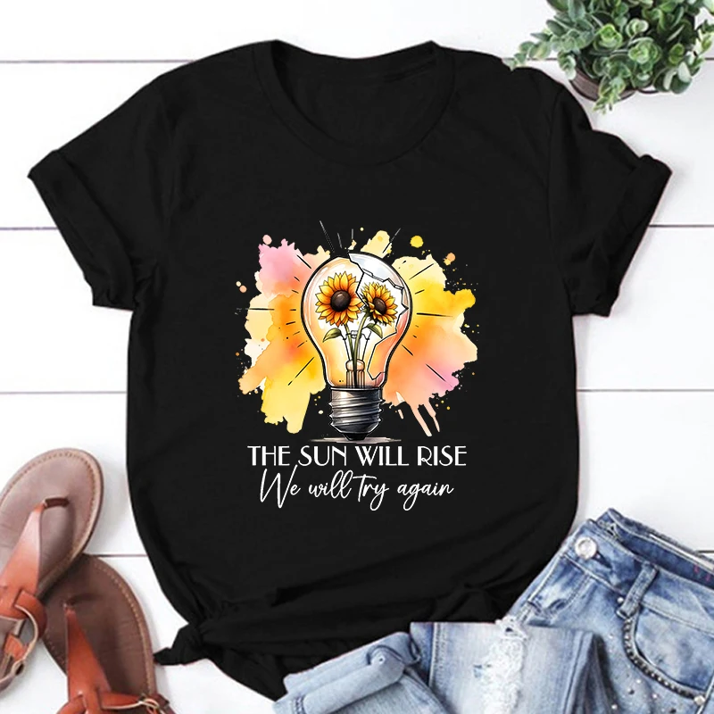 

Men Women Fashion Funny The Sun Will Rise We Will Try Again Letter Print T Shirt Summer Unisex Loose Casual Plus Size Graphic T
