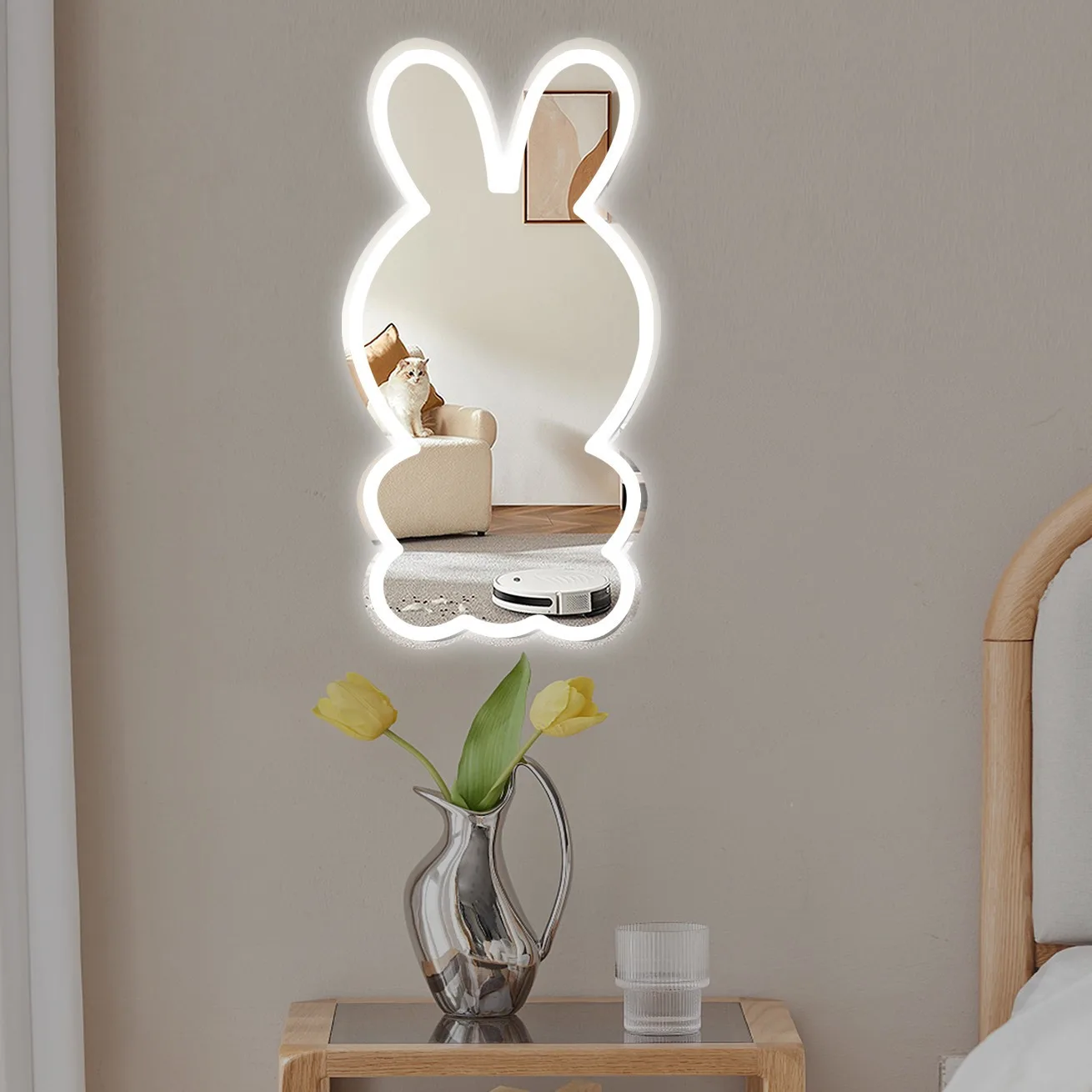 Cute Bunny Rabbit LED Neon Mirror Wall Mounted Makeup Mirror with Light Vanity Dressing Table Bedroom Decor Kids Gift