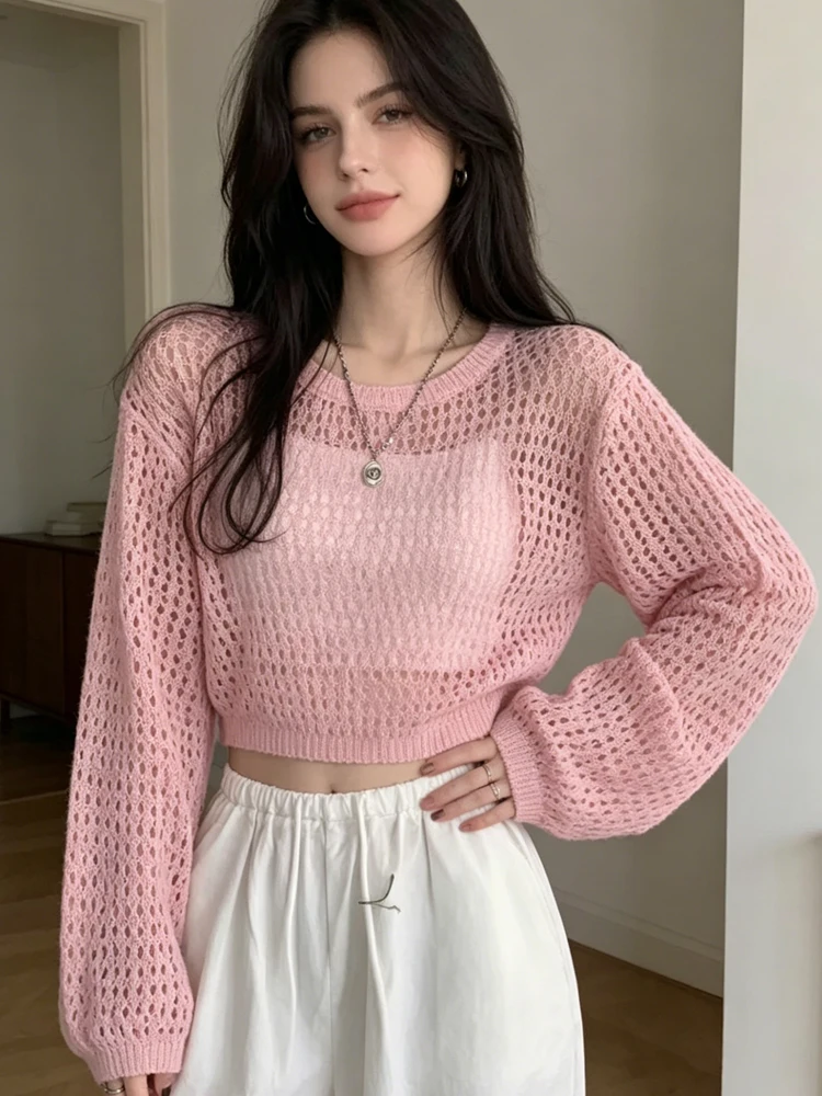 

Korean Style Woman's Crop Tops Fashion Hollow Out Knitted Pullovers Summer Long Sleeve Sun Protection Shirt Casual Loose Tops