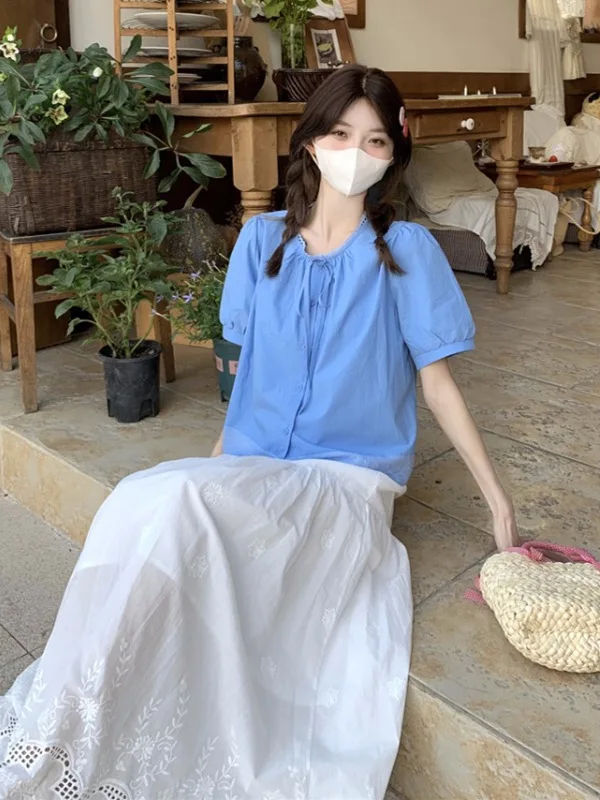 

Dopne Blue Bubble ort Sve irt Женский летний комплект Pure Miu Miу Princ Sle Красивый кукольный топ Повседневная мода