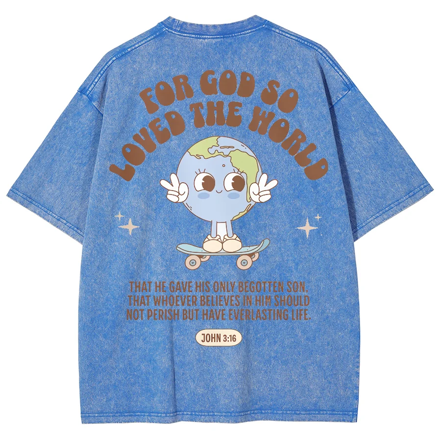 Trend Oversize T-Shirt American Neutral Style Cartoon Earth Letter Printing Sleeve Designer New Trend Washed Denim Short Sleeves
