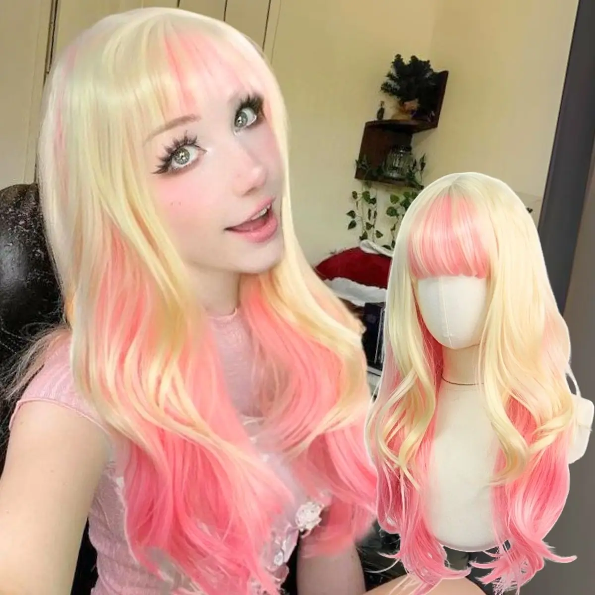 Anxin Fashionable Product Pink Light Gold Girls Lolita Cosplay Party Synthetic Wigs For Women Daily Use