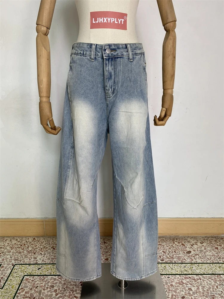 

Women's Light Blue Curved Wide Legs Baggy Jeans Vintage Trousers Cool Girl Bottoms Female High Waist Summer Denim Pants