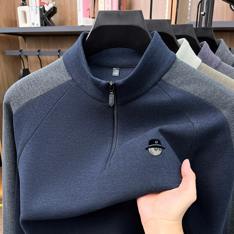 Designer Trendy New Half Zip Long Sleeved Warm T-Shirt Autumn Winter Comfort Mock Neck Printed Tops Daily Casual Men's Clothing