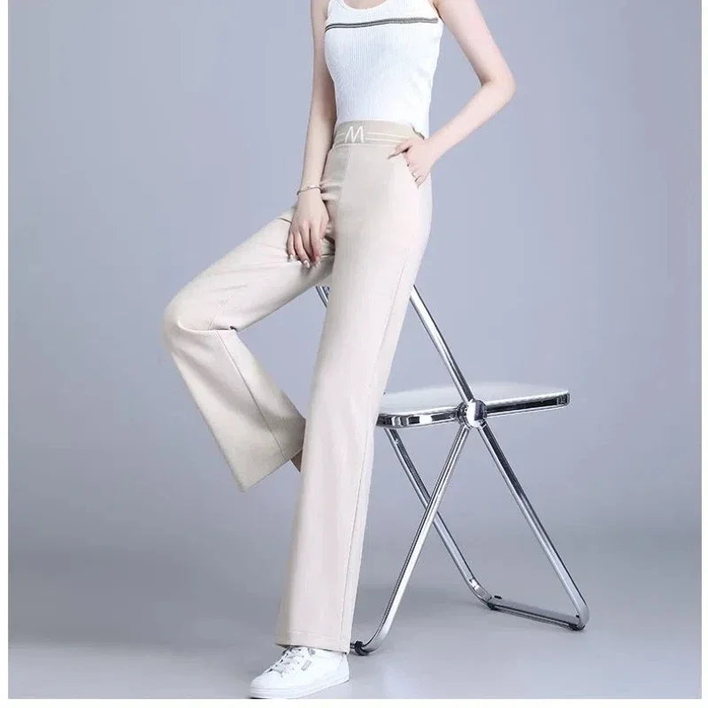 Spring Autumn Women's Clothing Solid Color Pockets Elastic High Waisted Casual Loose Trouser Suits Wide Leg Commuter Pants