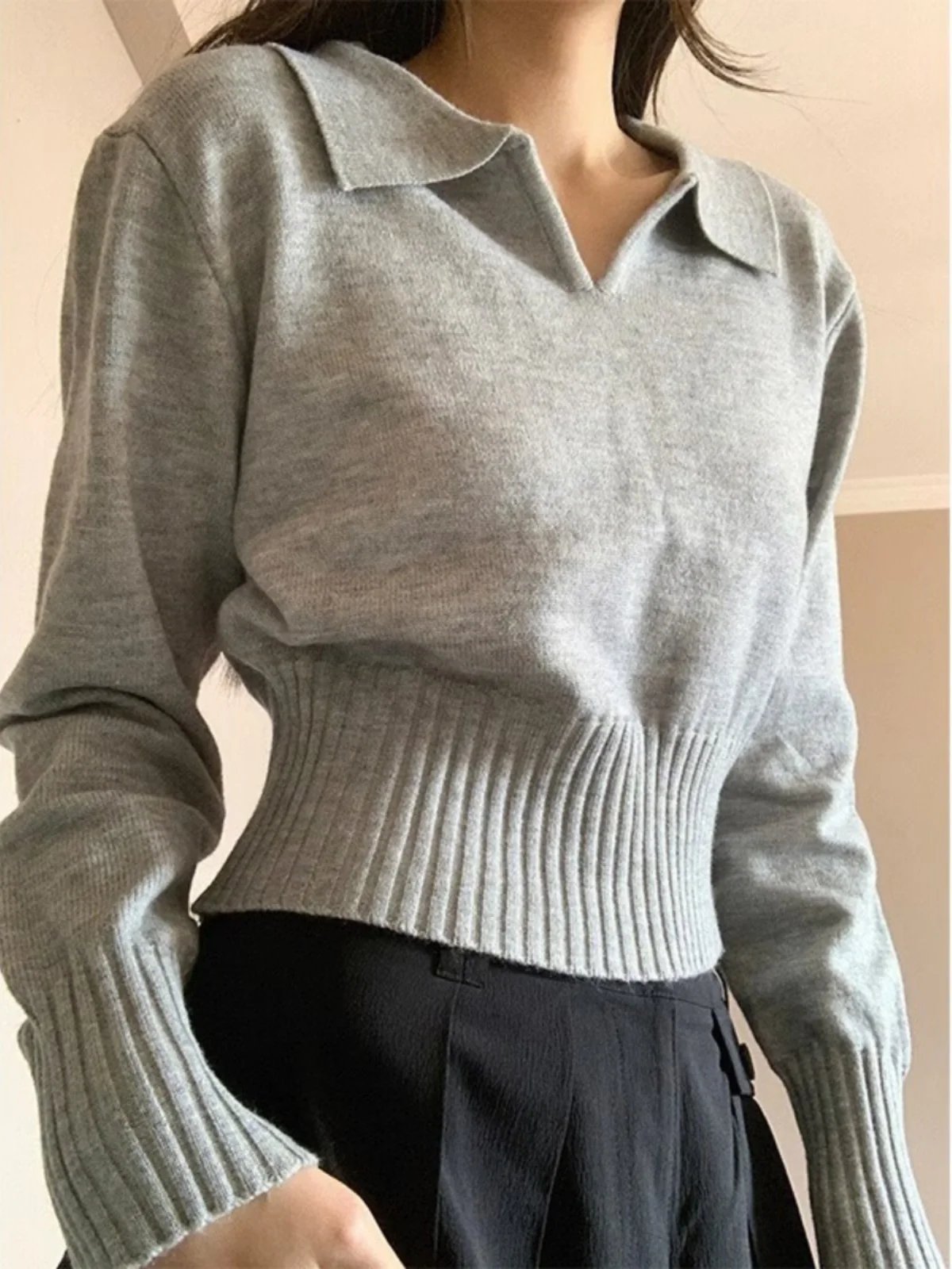 

Women Autumn Korean New Polo Neck Pullover Fashion Sweet Design Knit Sweater Button Versatile Long Sleeved Tops 2024 R383