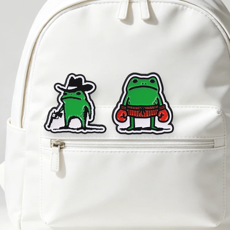 Cowboy Frog Holding Gun & Boxer Frog With Red Gloves Badge Cool Frog Fighter Enamel Pin Bag Lapel Badge Jewelry Gift for Friends