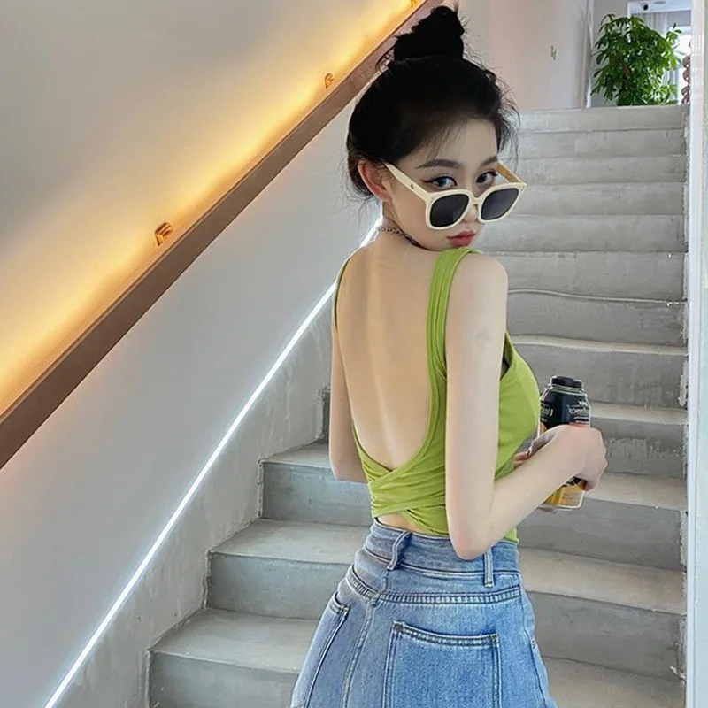 Women's Summer  Strap Vest Integrated Hanging Neck Top Bottoming Inner Wear Short Style Slim Fit  Color Commute Style