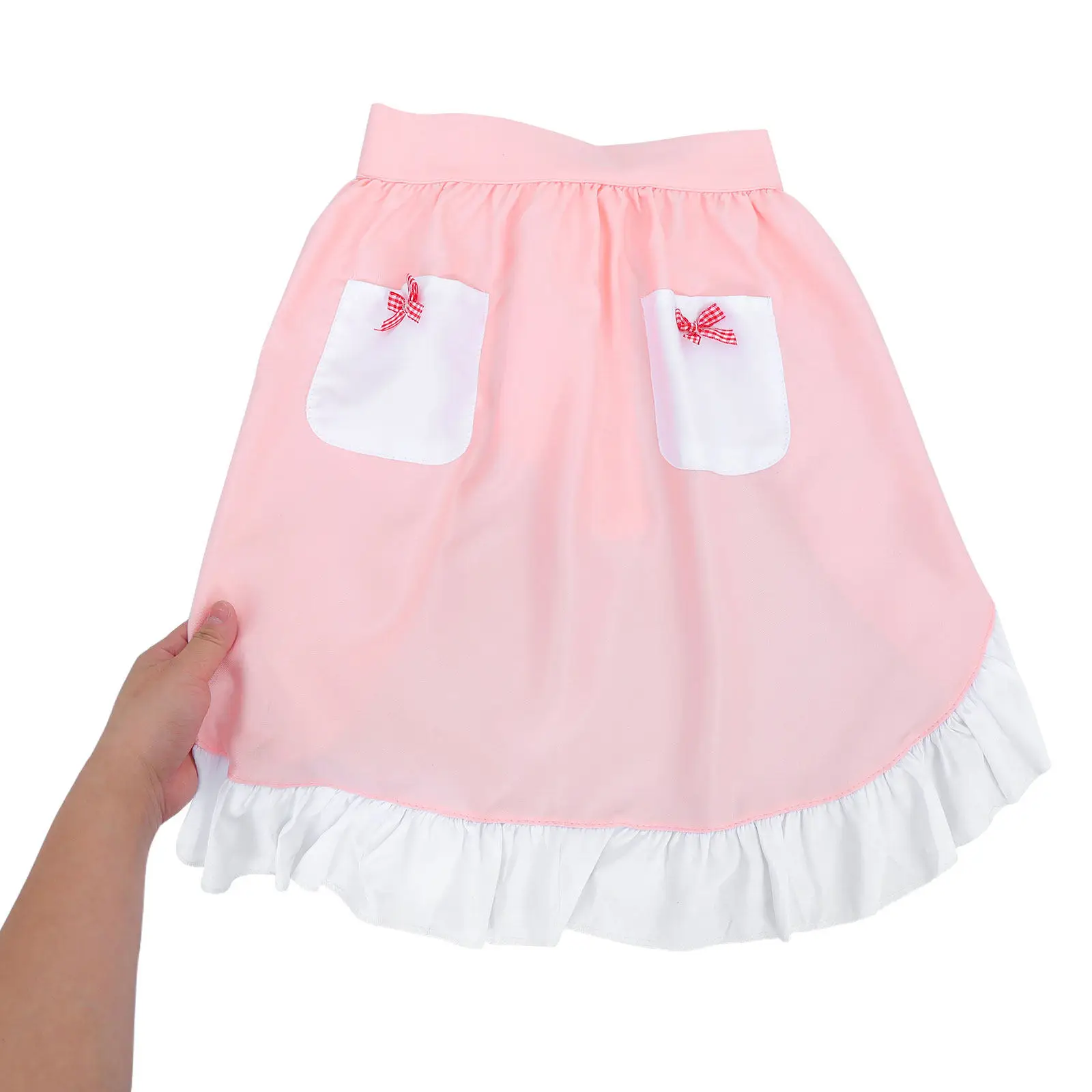 Women'S Maid Waist Pink Retro Half Apron With Pockets Bow Lace Trim Lightweight Kitchen Cooking Server Bartender