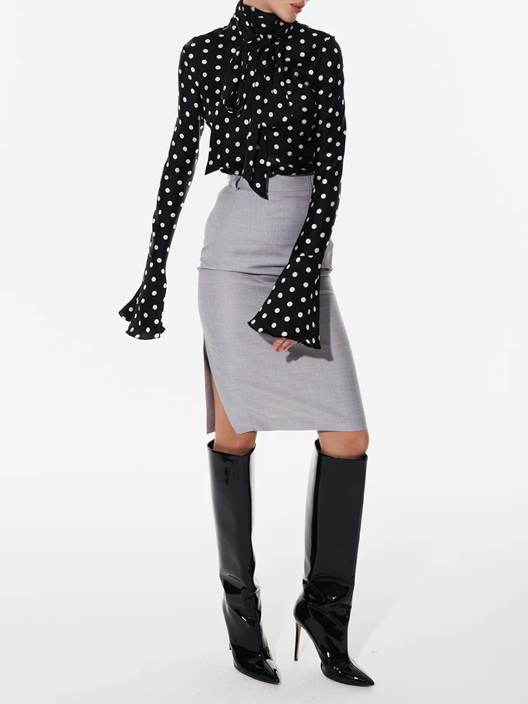 VGH Colorblack Polka Dot Slimming Shirts For Women Scarf Collar Flare Sleeve Patchwork Lace Up Temperament Blouses Female New