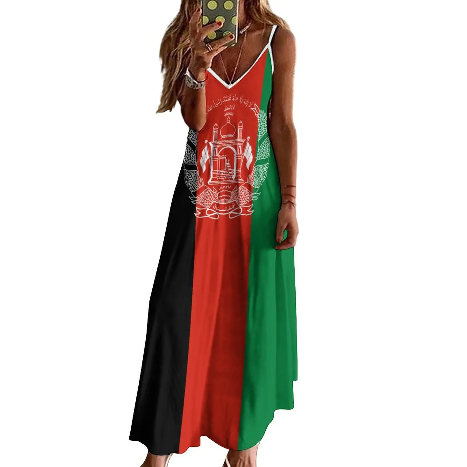 Long Dresses Dress Afghanistan Flag Print New Casual Sleeveless Women\'s V-Neck Printed Dress Swing Retro Dresses