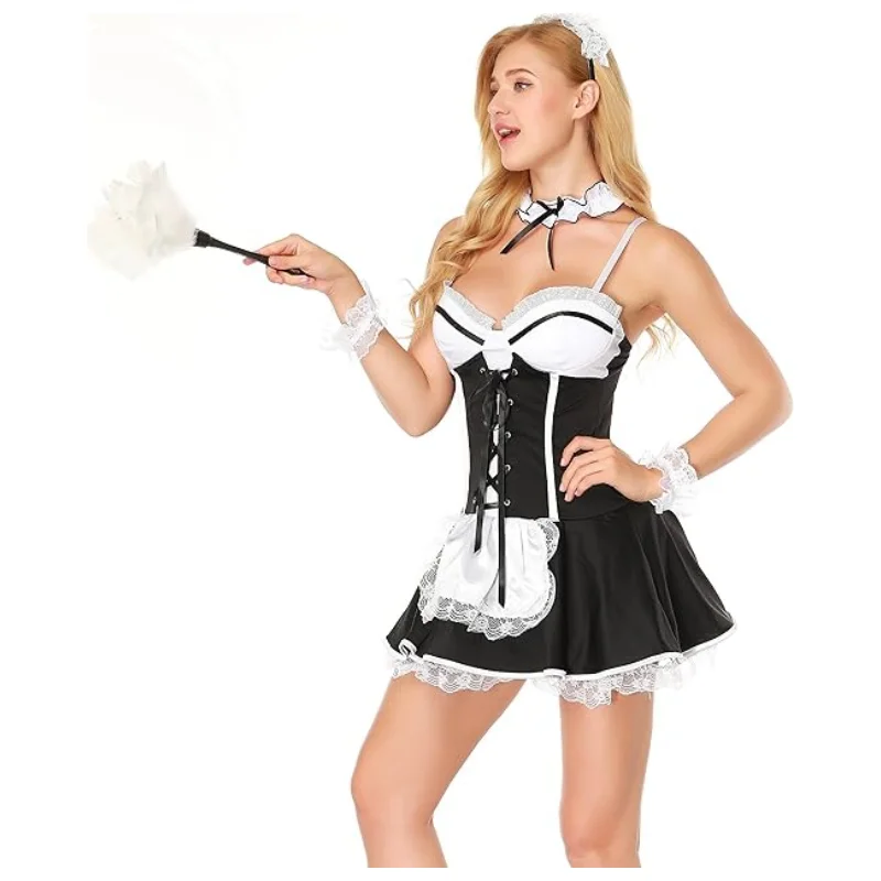 Women's Black French Maid Costume Set - Sexy Halloween Cosplay Outfit With choker XS-5XL Plus Size