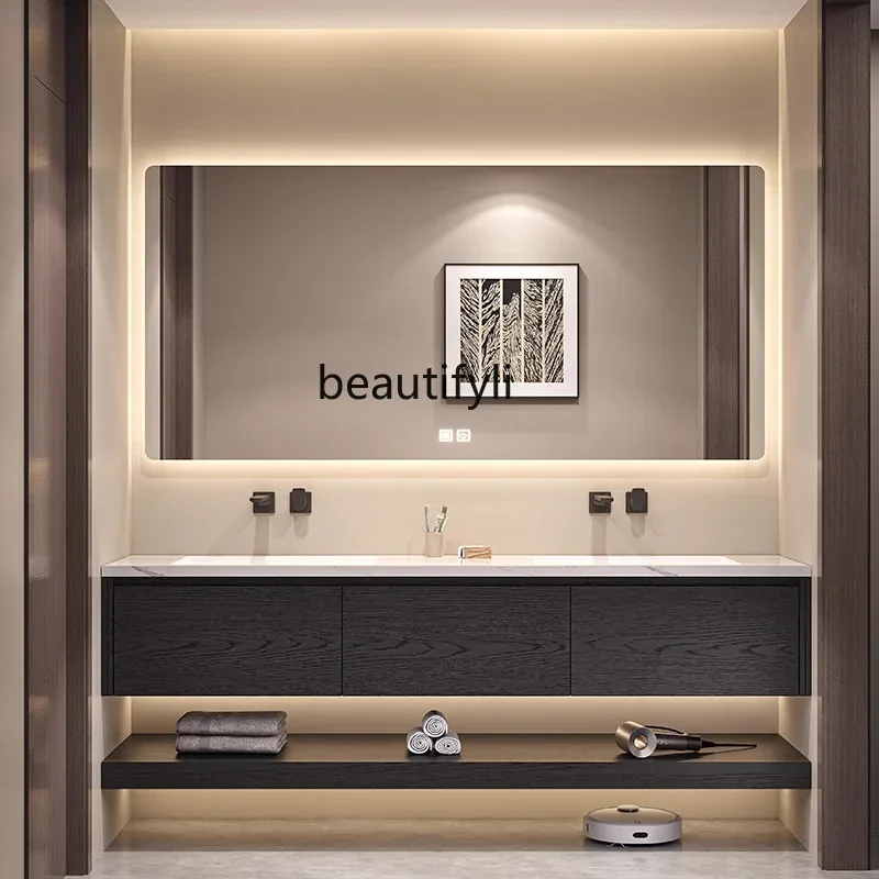 

Y13 basin cabinet, rock slab hot bending seamless ceramic integrated basin, light luxury solid wood, bathroom cabinet