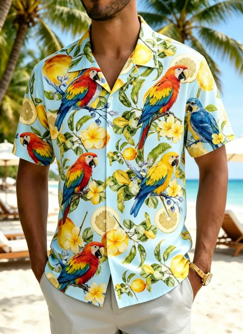 Men's tropical fruit and floral bird print  shirt, for summer vacations, beach trips, daily commutes, and casual wear
