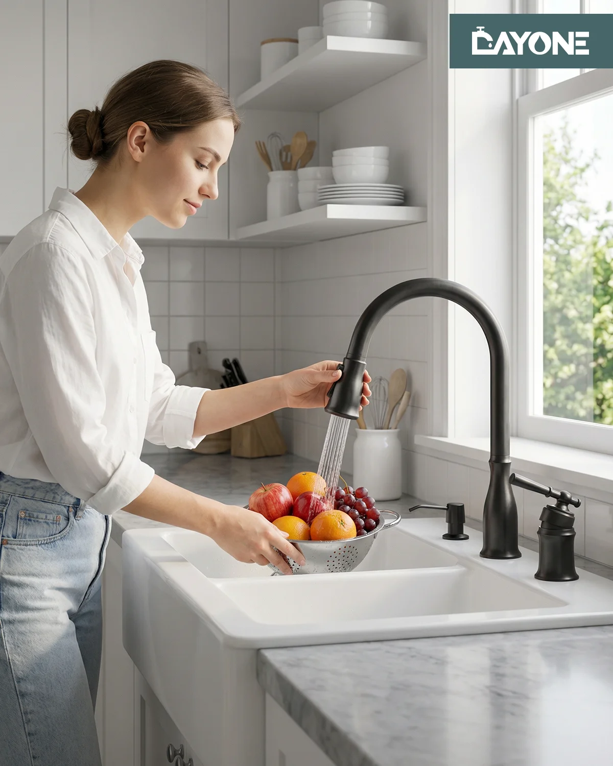 DAYONE Matte Black 3 Hole Kitchen Sink Faucet with Separate Handle and 3 Modes Pull Down Sprayer